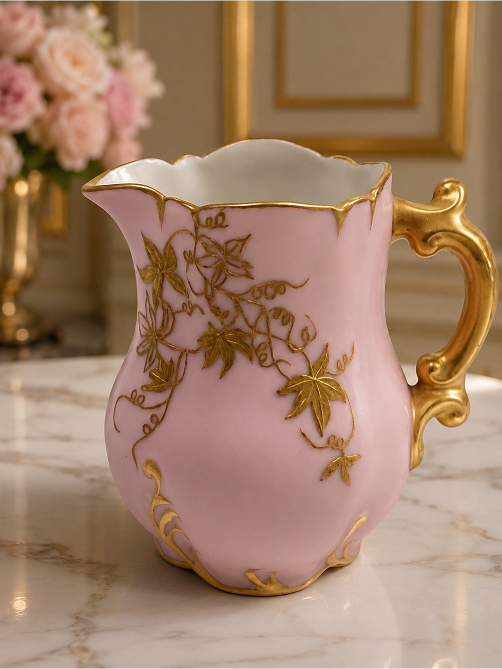 Elegant Pink Porcelain Pitcher with Gold Accents